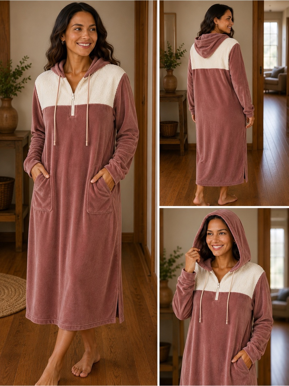 Cuddl Duds M 1/4 Zip Mauve Fleece Sherpa Hood Long Lounge Robe New without tags